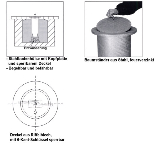 Baumhülse Gr. IV aus Stahl mit seitlicher Steckdose, Tiefe 100 cm, ø 386 mm