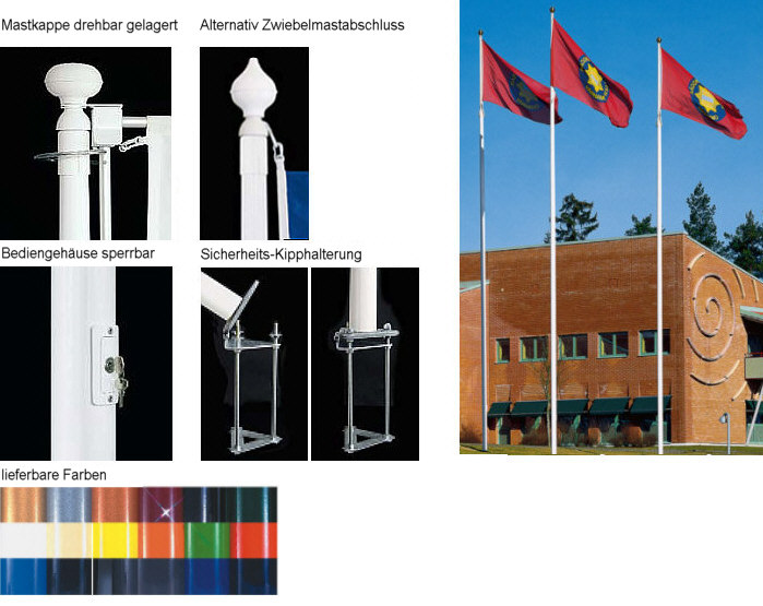 9m hoher Polyesterharzmasten mit Ausleger/Galgen, dreh- und hißbar / Innenseilführung, GFK-KAT