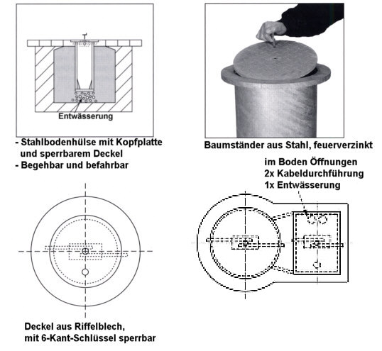 Baumhülse Gr. III aus Stahl mit seitlicher Steckdose, Tiefe 100 cm, Ø 308 mm,