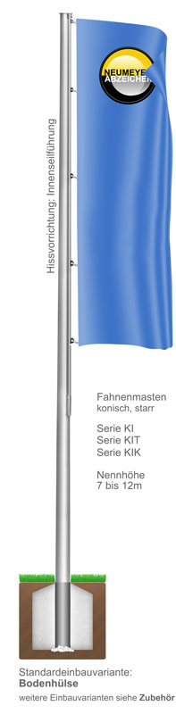 9m hoher konischer Aluminium-Fahnenmast, KI, Ø=145/76, C-Schiene mit Innenseilführung