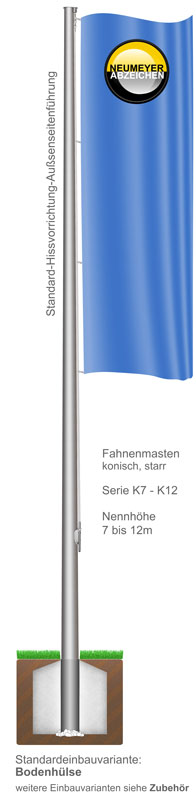 9m hoher konischer Aluminium-Fahnenmast, K114-177, Ø=145/76, Standardhissvorrichtung