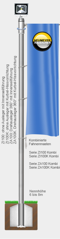 Kombinierter Fahnen-/Lichtmast ZA100 KOMBI mit 6m Höhe und 1 LED-Fluter