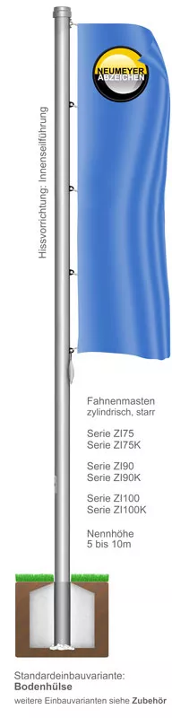 8m hoher zylindr. Aluminium-Fahnenmast, ZI100, Ø=100mm, Innenseilführung
