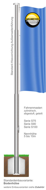 8m hoher, 2x abgest. 3-teil. Fahnenmast, Serie S100 Ø=100/90/75mm