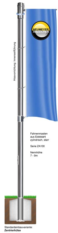 7m hoher Edelstahl-Fahnenmast, ZA100, Ø 100mm, Innenseilführung, Auslegerstange