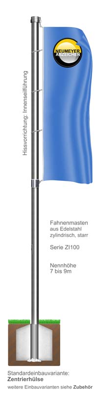 Fahnenmast ZI100-Edelstahl, zylindrisch mit 9 m Höhe