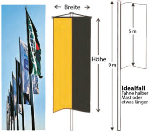 Skizze zu idealer Fahnengröße: Höhe der Fahne halb so hoch wie der Mast